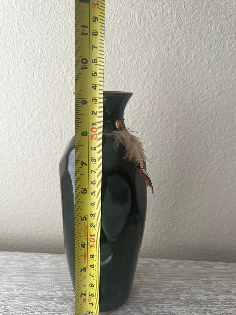 Black pottery Decorative Vase with Feather Accent sing FRP 86 9.25 inch